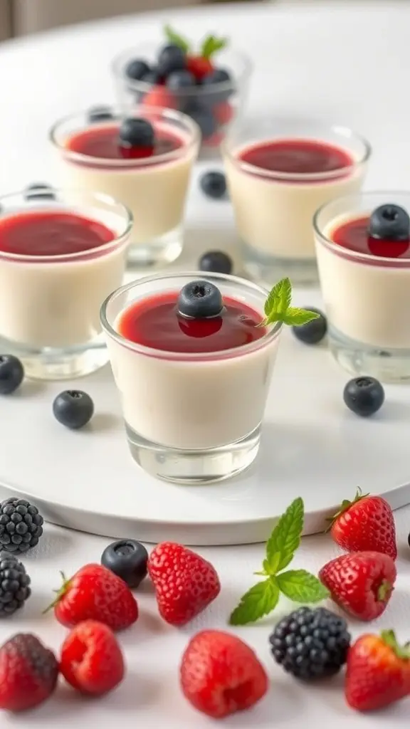 Mini panna cotta cups topped with berry coulis and fresh berries