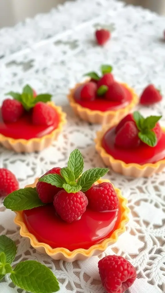 Mini raspberry tarts topped with fresh raspberries and mint leaves on a lace tablecloth.