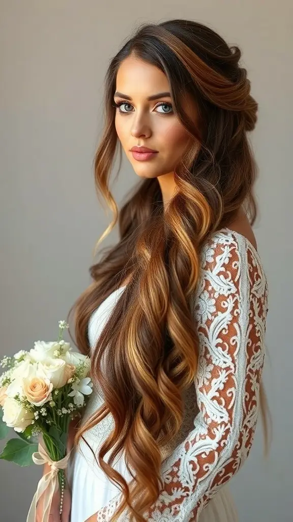 A bride with long, loose waves and a bouquet, showcasing Bohemian Bridal Beauty.