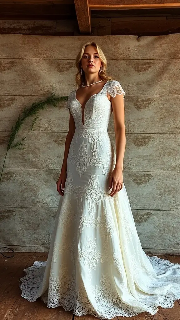 A bride wearing a vintage lace gown with delicate sleeves and a deep V-neckline, showcasing a romantic and elegant style.