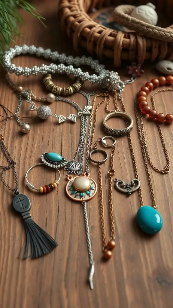 A collection of Bohemian jewelry pieces including necklaces, bracelets, and rings on a wooden surface.