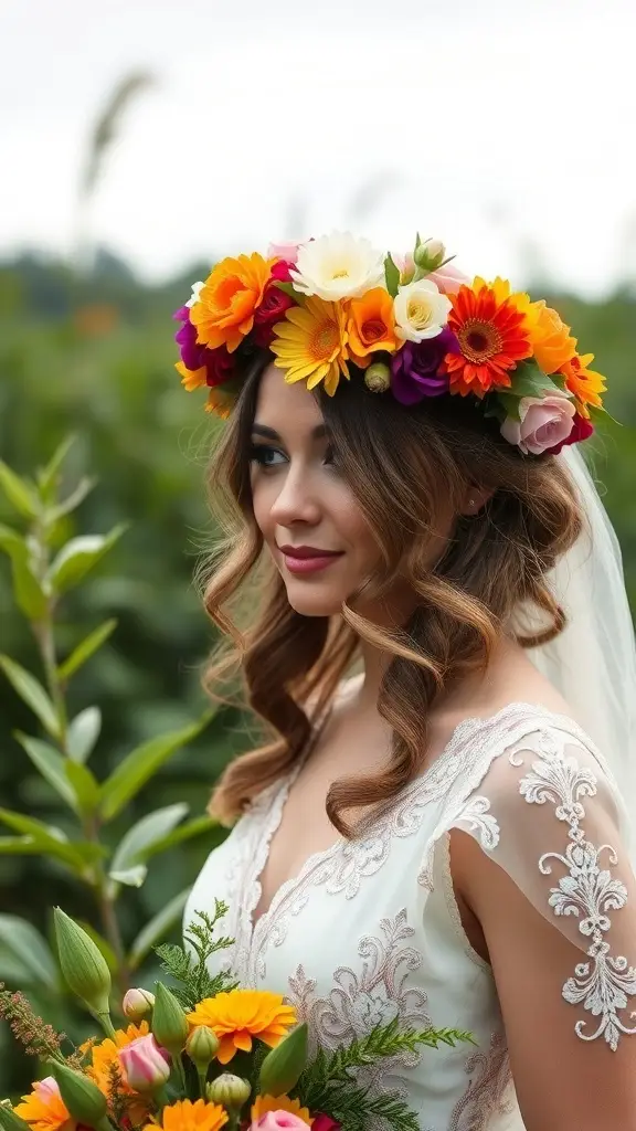 A bride wearing a colorful flower crown and a lace wedding dress, surrounded by greenery.