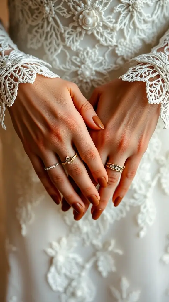 Close-up of a bride's hands showing earthy nail colors with a red and neutral mix, wearing a beautifully embroidered wedding dress.