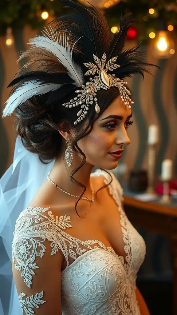 A bride wearing a stunning headpiece with red and white feathers, showcasing bohemian bridal beauty.