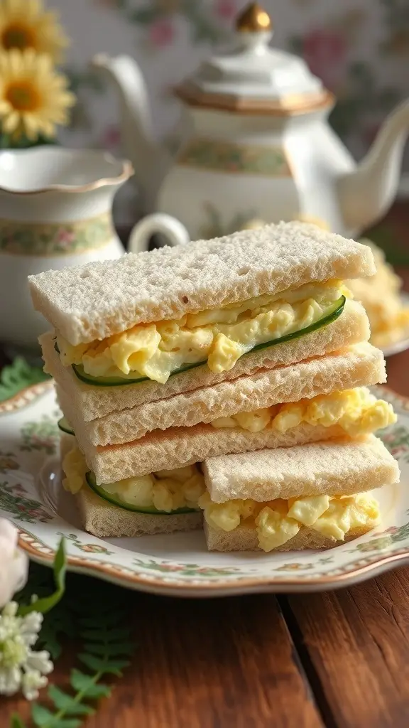 A plate of classic egg salad and cucumber sandwiches stacked neatly, with a teapot in the background.