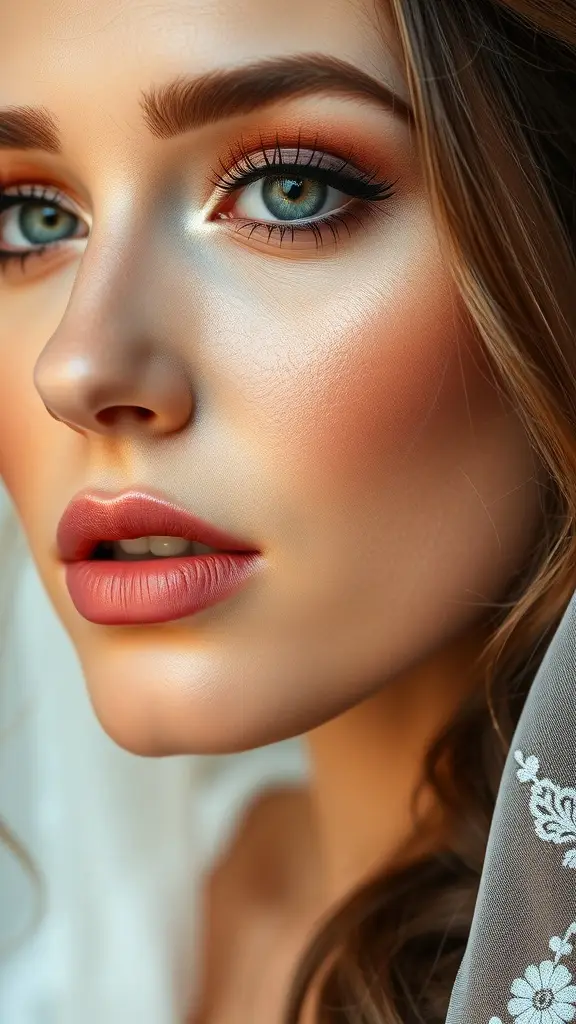 Close-up of a model showcasing soft, natural makeup with glowing skin, warm eye tones, and muted lip color.