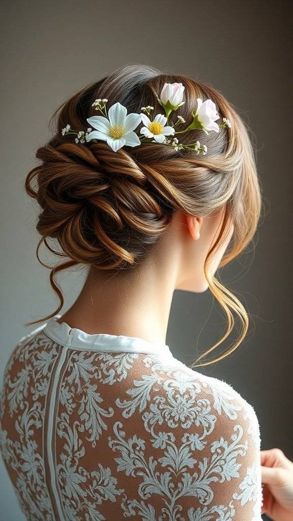 A romantic loose updo hairstyle adorned with flowers, showcasing a bohemian bridal look.