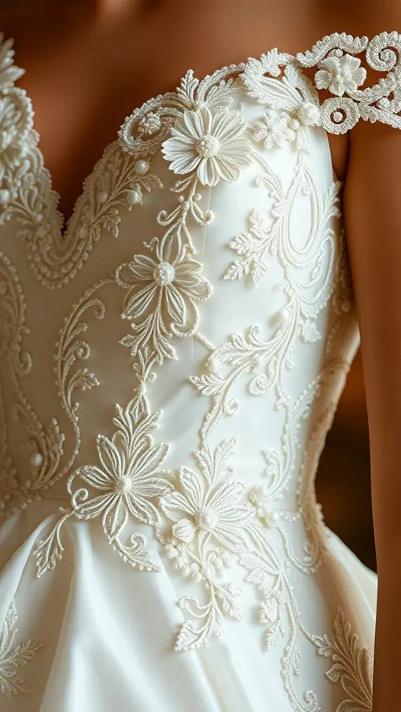 Close-up of a bridal gown featuring layered textures and intricate embroidery.