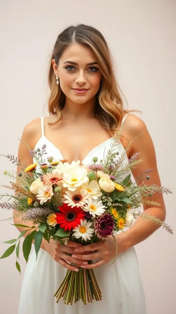 A vibrant bouquet of flowers in a simple vase, showcasing a mix of daisies and wildflowers.