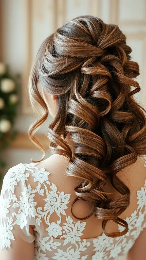 A close-up of a vintage-inspired bridal hairstyle featuring soft, cascading curls and a delicate floral lace dress.
