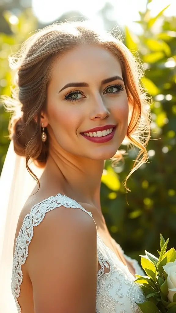 A bride with sun-kissed skin smiling in a natural setting, showcasing Bohemian Bridal Beauty.