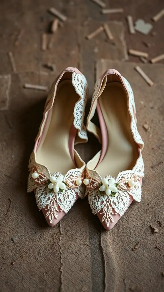 A pair of pink pointed toe bridal shoes with lace and floral embellishments on a rustic wooden surface.