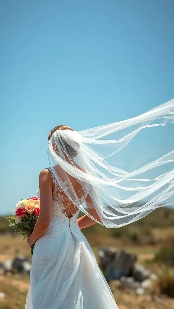 A bride wearing a flowing veil, holding a bouquet of roses, with a blue sky in the background.