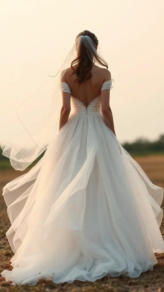 A bride in a flowing tulle and chiffon gown, showcasing a Bohemian bridal beauty style.