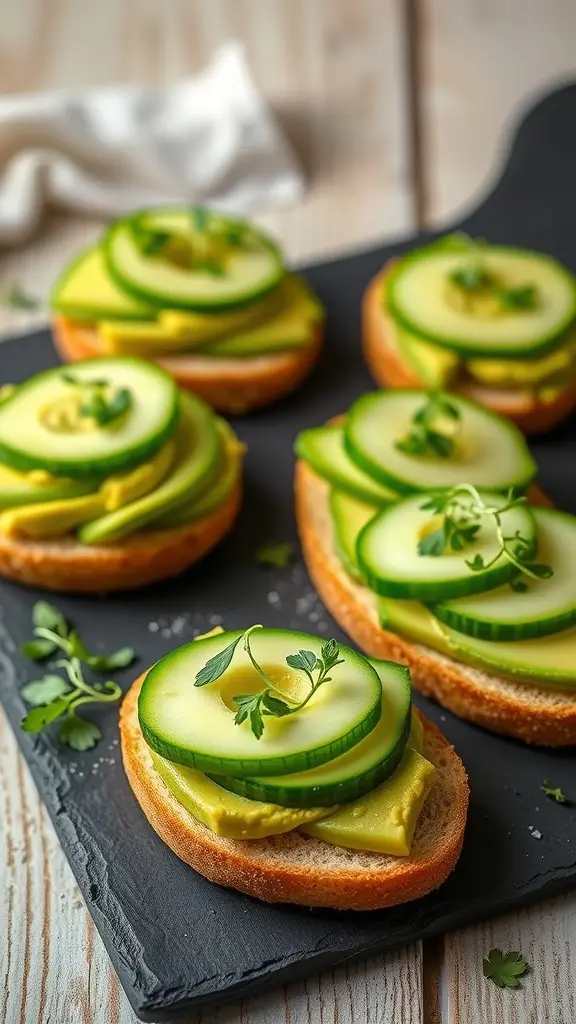 Savory avocado and cucumber sandwiches on a slate board
