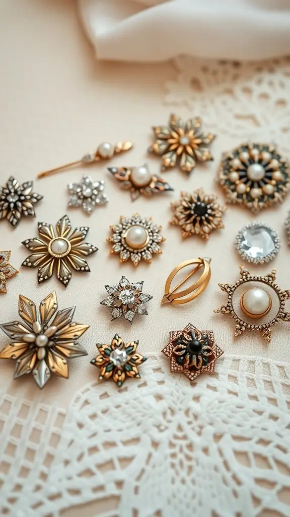 An assortment of vintage brooches displayed on a lace background