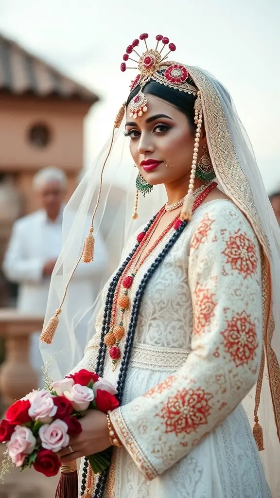 A bride in a beautifully embroidered outfit, adorned with a headpiece and holding a bouquet of roses.