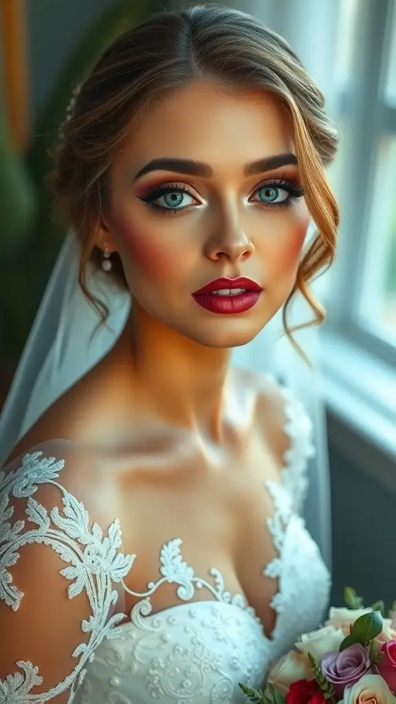 A bride with bold artistic makeup featuring vibrant colors, floral crown, and intricate embroidery on her dress.