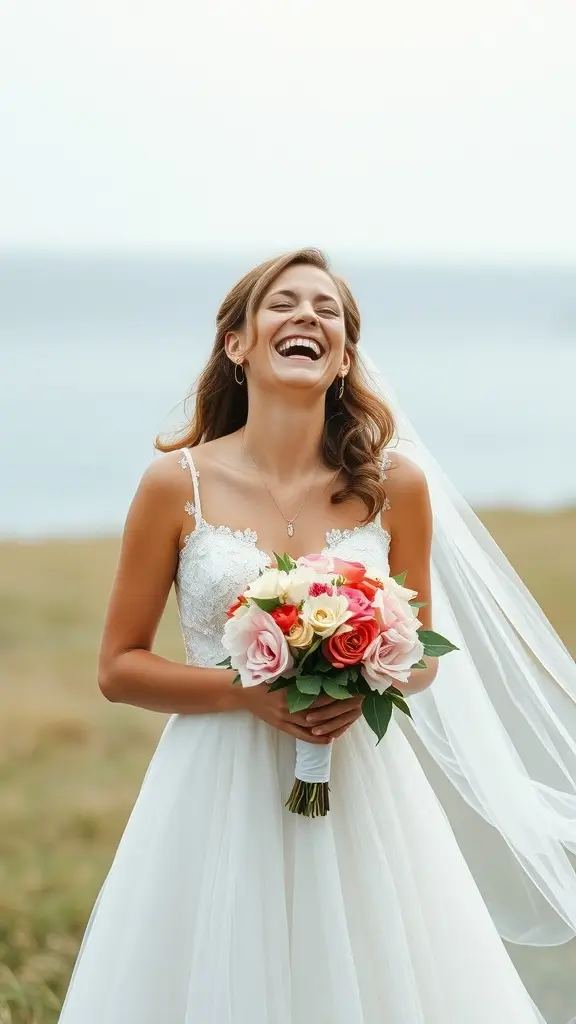 A joyful bride in a lace wedding dress holding a bouquet, radiating happiness.