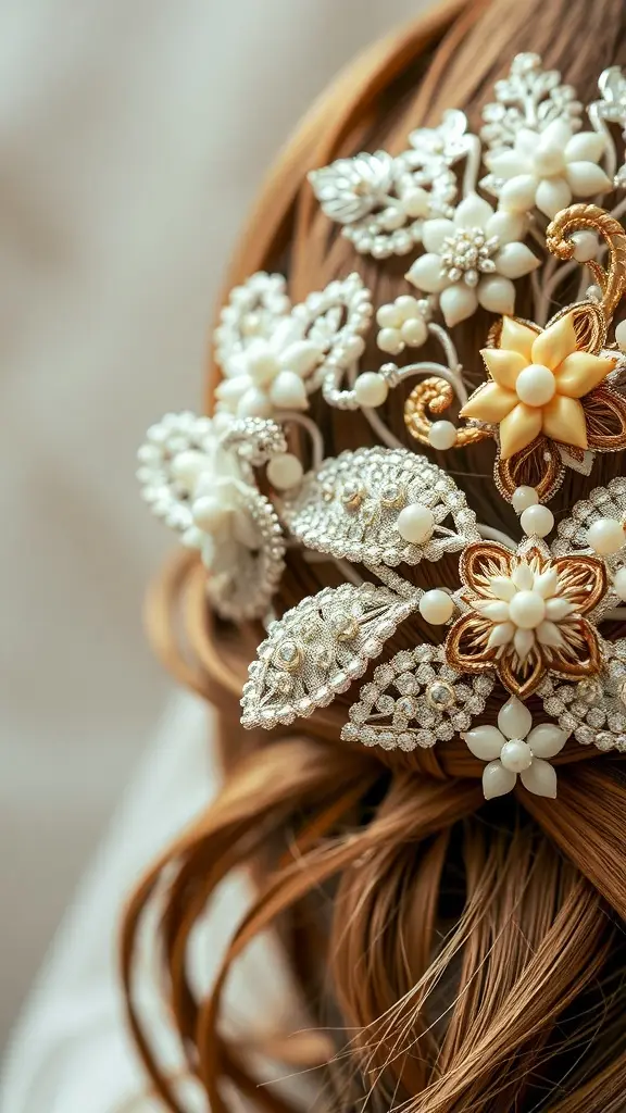 Close-up of a detailed hairpiece with floral designs, pearls, and intricate metalwork, showcasing artisan craftsmanship.