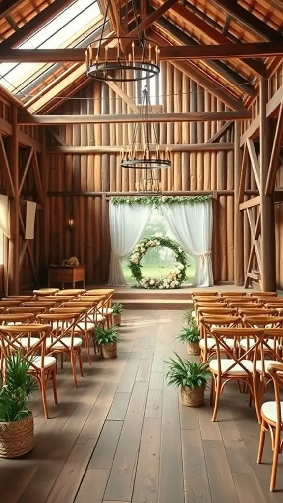 Interior of a rustic wedding venue with wooden beams, chairs, and floral decorations.