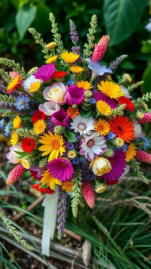 A colorful bridal bouquet filled with various flowers including daisies, tulips, and more, showcasing vibrant colors like yellow, pink, and purple.