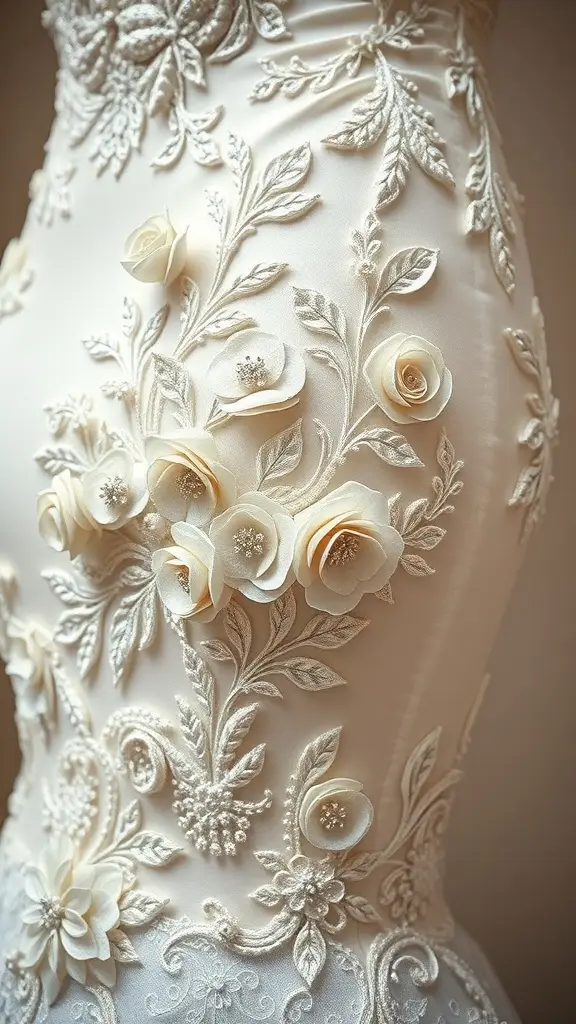 Close-up of a bridal gown featuring intricate floral embellishments and embroidery.
