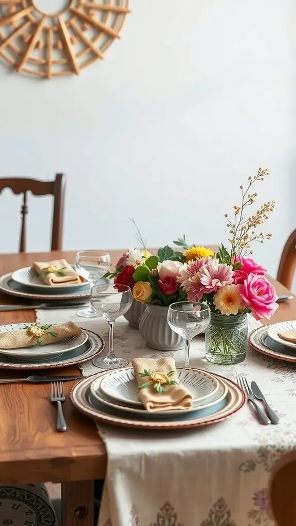 A beautifully arranged Bohemian-inspired table setting featuring colorful flowers, patterned dinnerware, and elegant glassware.