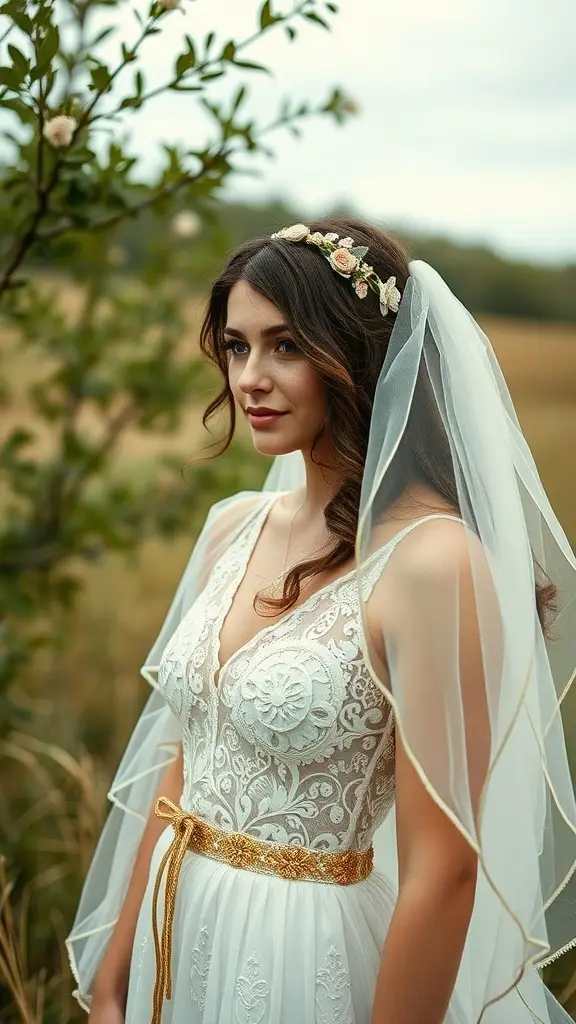 A bride in a delicate embroidered gown with a floral crown and veil, set against a natural backdrop.