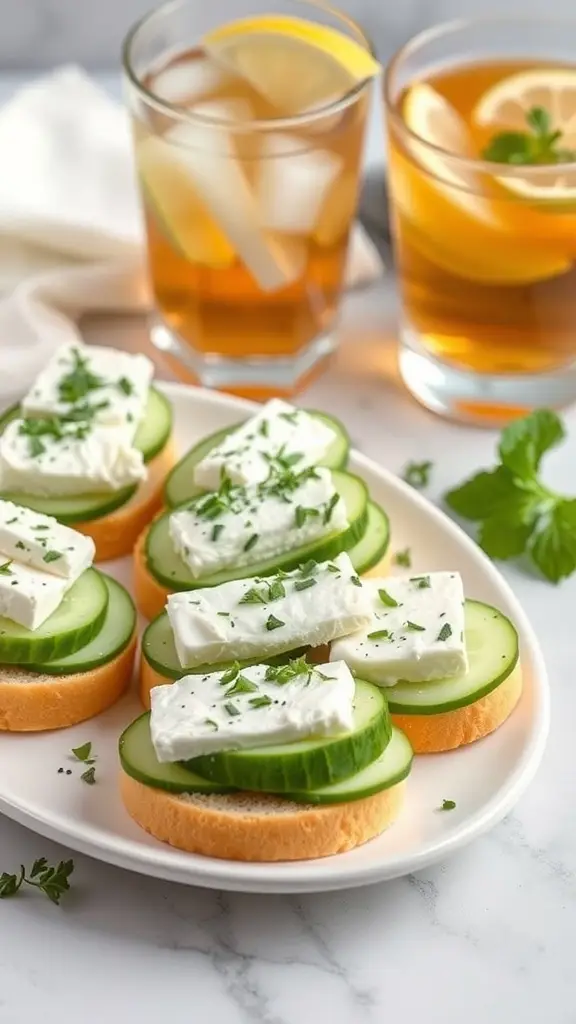 A plate of feta and cucumber sandwiches garnished with herbs, alongside glasses of refreshing drinks.