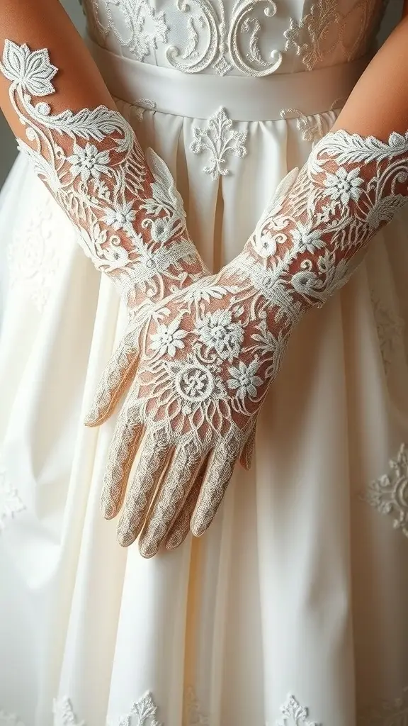 A close-up of vintage lace gloves worn by a bride, showcasing intricate floral designs.