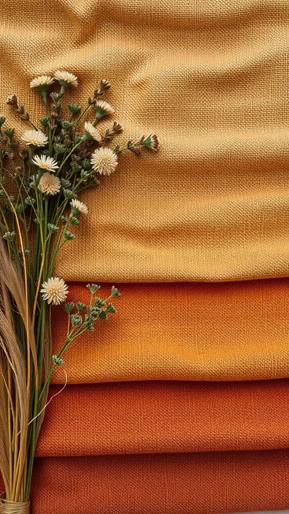 Fabrics in earthy tones of yellow and orange with dried flowers