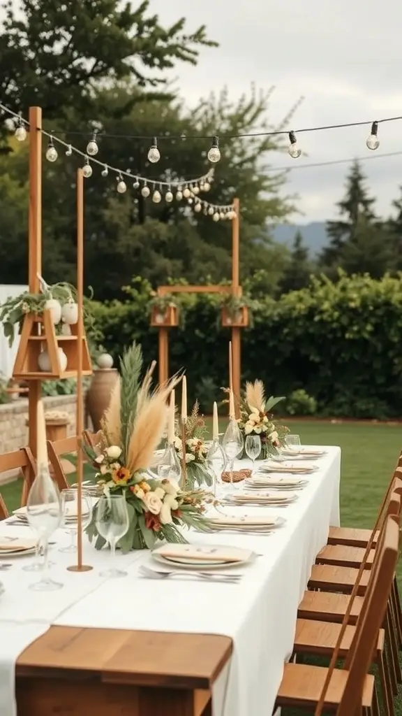 An outdoor wedding ceremony setup with floral decorations and guests seated in chairs