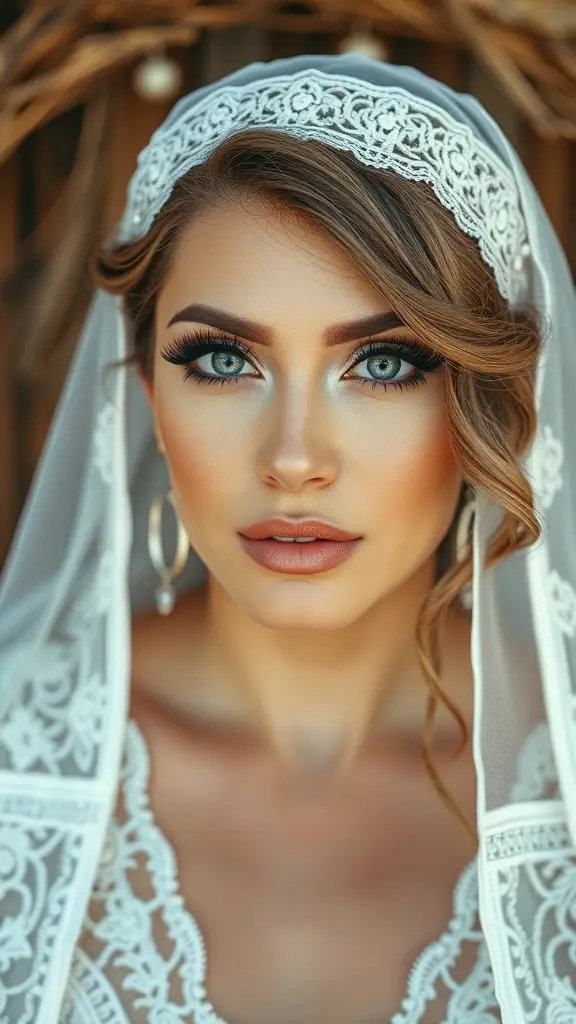 A bride with dramatic eyeliner, blue eyes, and a lace veil, embodying 1960s Bohemian Bridal Beauty.