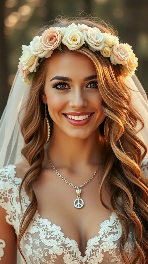 A couple stands in a decorated space with a backdrop of drapes and wooden letters spelling 'PEACE'. The bride wears a flowing gown, surrounded by flowers and bohemian decor.