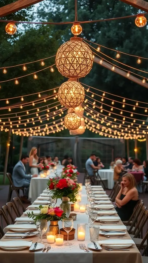 Outdoor reception with string lights, long tables, and guests enjoying the evening.
