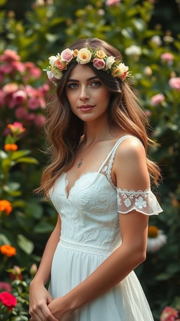 A bride wearing a flower crown and loose waves, embodying Bohemian Bridal Beauty.