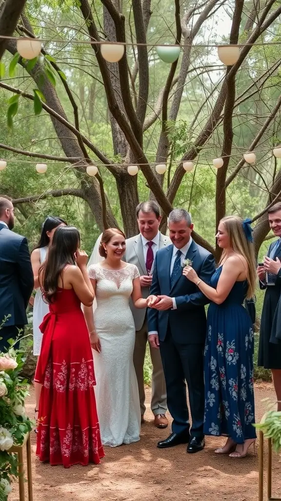 A couple exchanging vows in a lush garden setting, surrounded by friends and family.