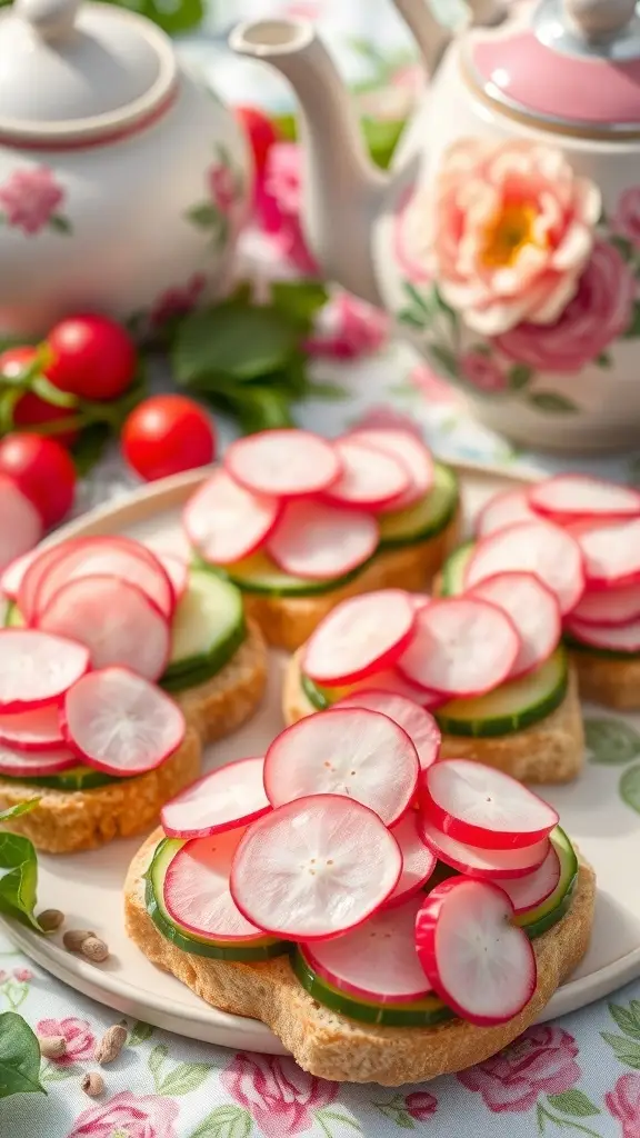 A plate of colorful radish and cucumber sandwiches, surrounded by a teapot and fresh radishes.