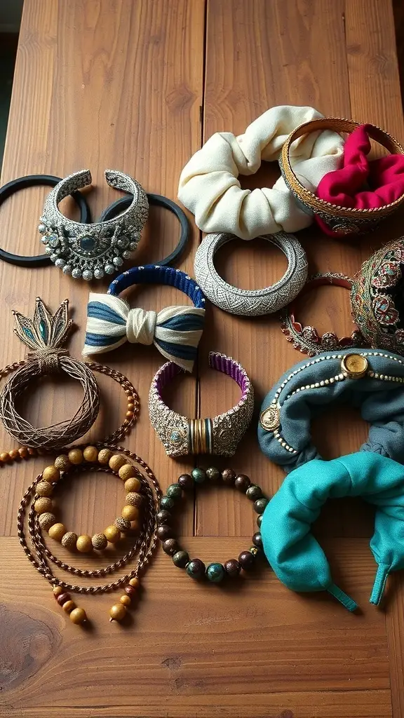 A variety of bohemian-inspired hair accessories including headbands, scrunchies, and beaded pieces arranged on a wooden surface.