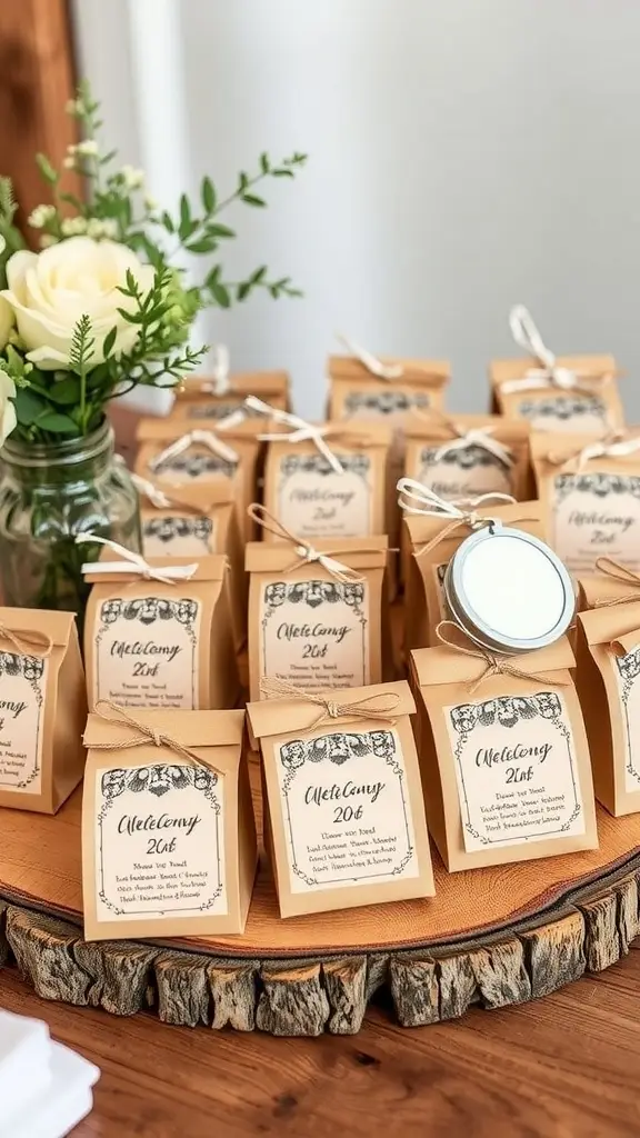 A collection of personalized wedding favors displayed on a wooden table, each wrapped in kraft paper and tied with twine, featuring floral tags.