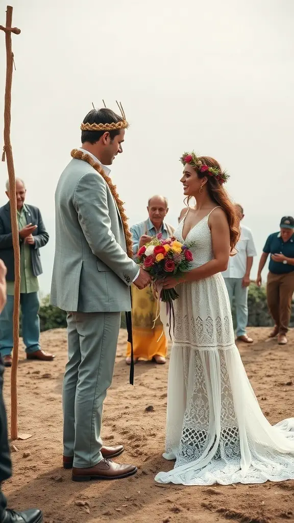 A couple in a unique outdoor wedding ceremony, showcasing Bohemian Bridal Beauty with floral accents and a natural setting.