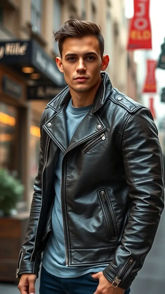 A stylish black leather jacket on a mannequin in an urban setting.