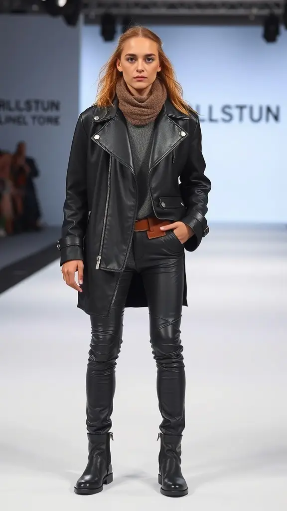 Model wearing a leather jacket and pants with a wool scarf on a runway.