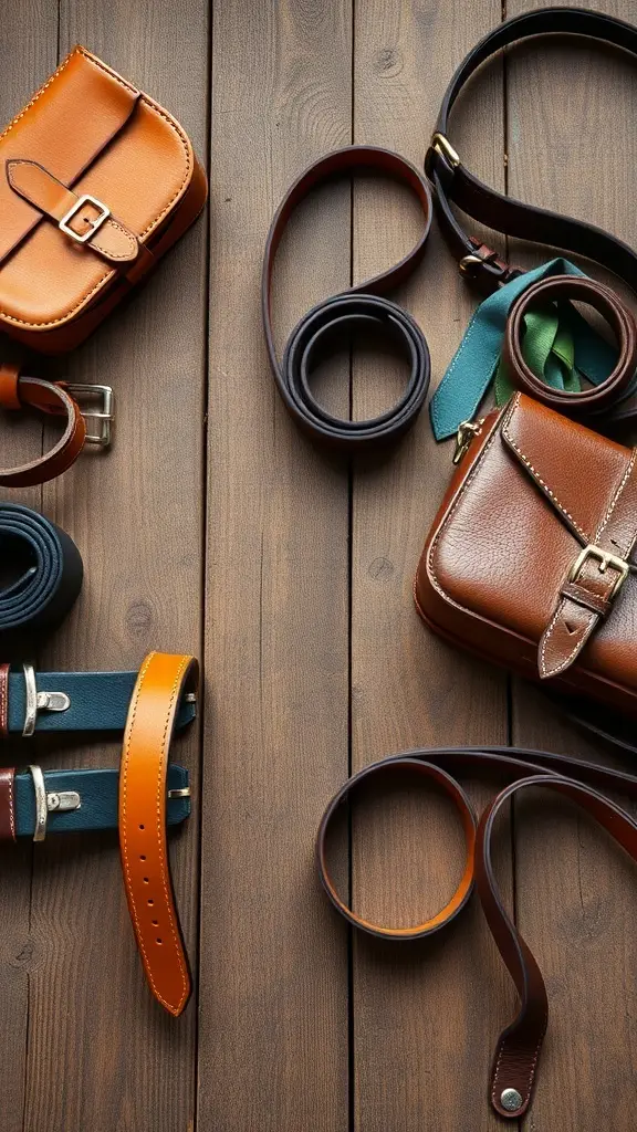 A collection of leather accessories including belts and bags on a wooden surface.