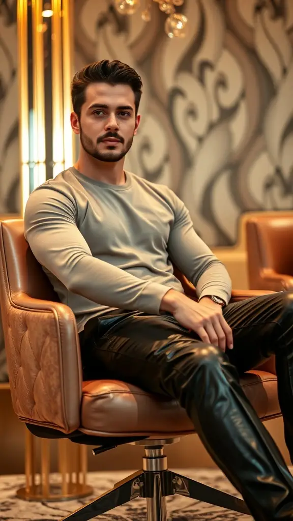 A stylish black leather jacket draped over an executive chair in a luxurious setting.