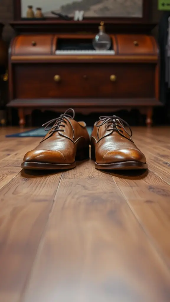 A pair of vintage-inspired brown leather shoes on a wooden floor.