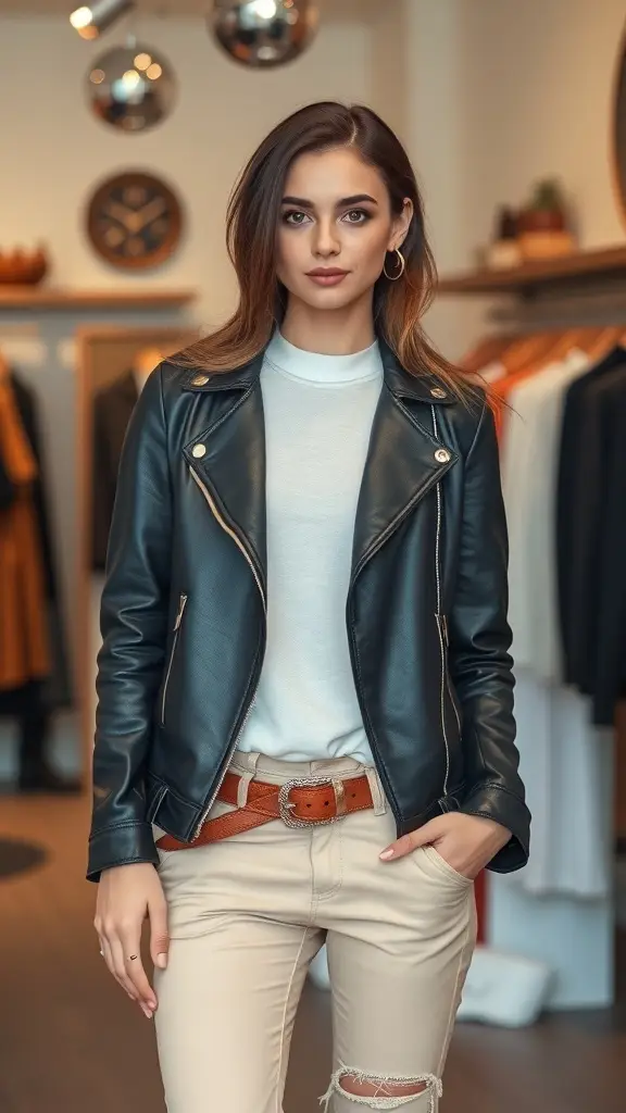 A stylish brown leather jacket displayed on a mannequin, paired with a sleek black top.