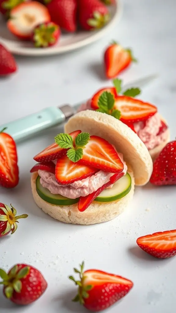 Sweet strawberry and cucumber sandwiches with mint leaves on a white surface