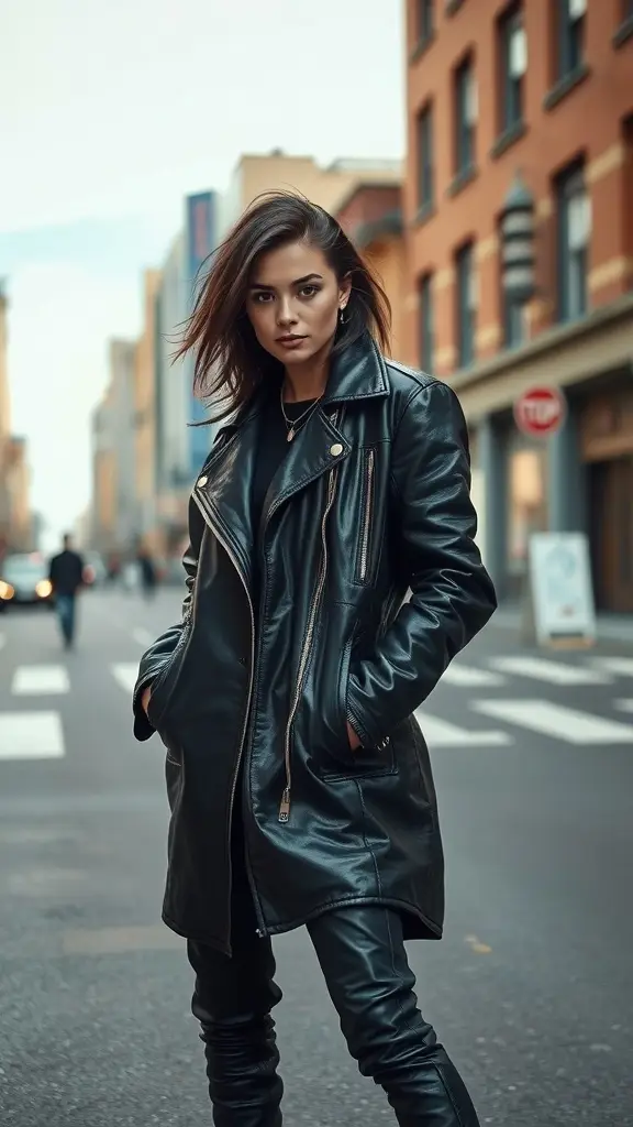 A confident woman wearing a black leather coat stands on a city street.